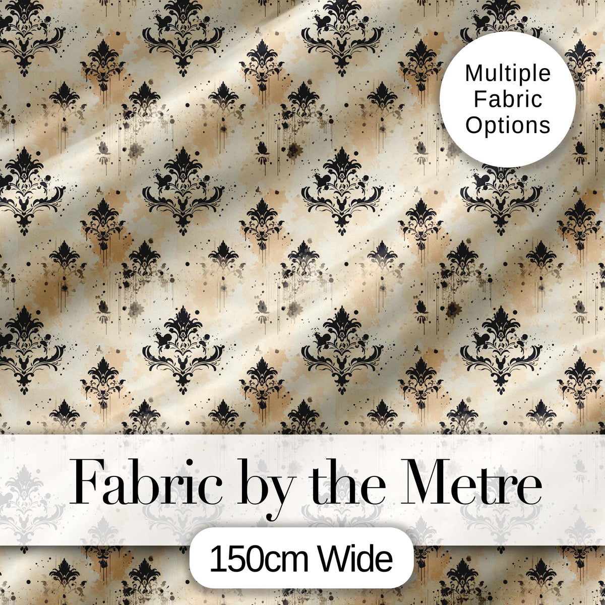 Vintage Damask Grunge Ink Splash Elegant Seamless Pattern Digital Print Fabric by the Metre UK Sewing Quilting Textile