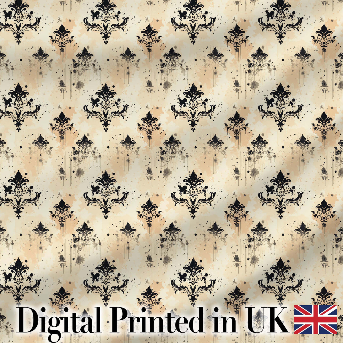 Vintage Damask Grunge Ink Splash Elegant Seamless Pattern Digital Print Fabric by the Metre UK Sewing Quilting Textile