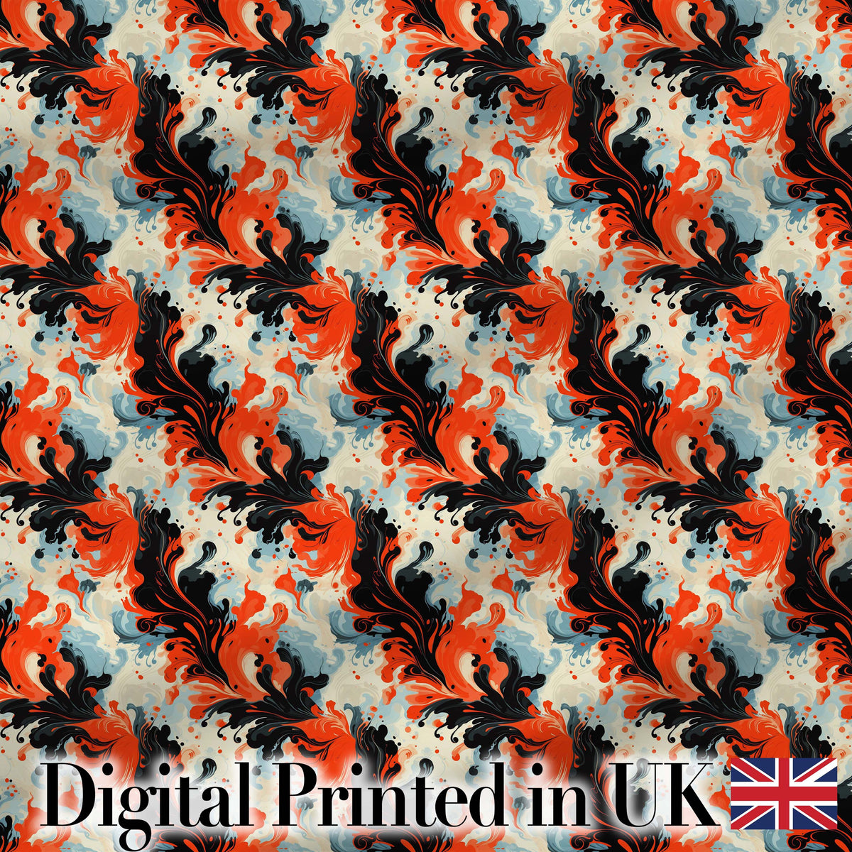 Abstract Orange Black Fluid Marble Swirl Seamless Pattern Digital Print Fabric by the Metre UK Sewing Quilting Textile