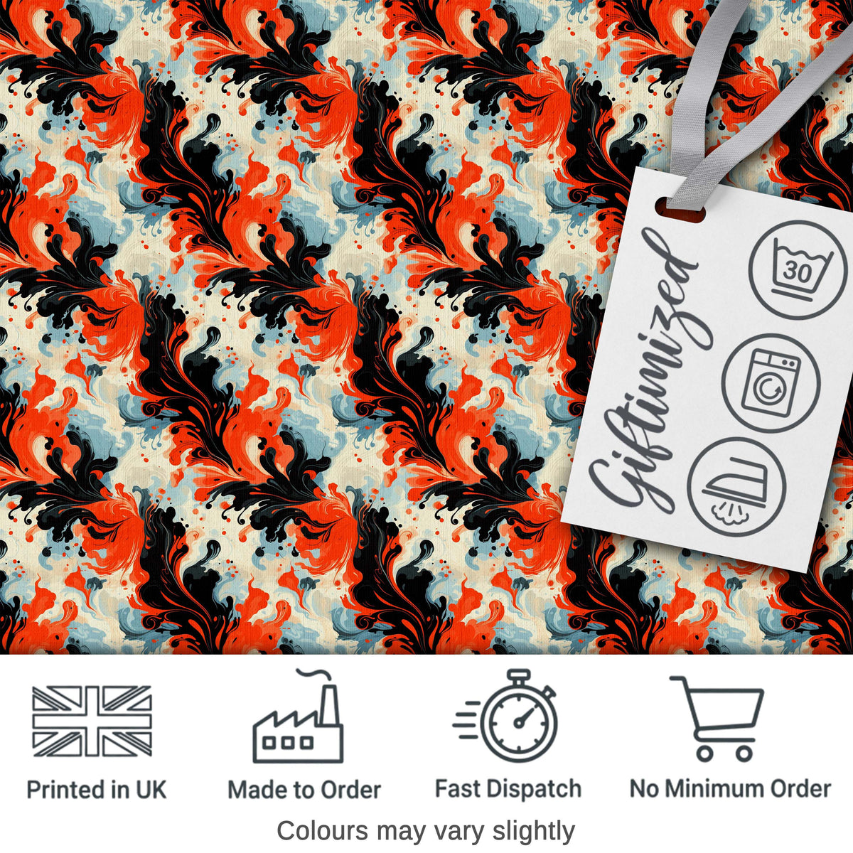 Abstract Orange Black Fluid Marble Swirl Seamless Pattern Digital Print Fabric by the Metre UK Sewing Quilting Textile