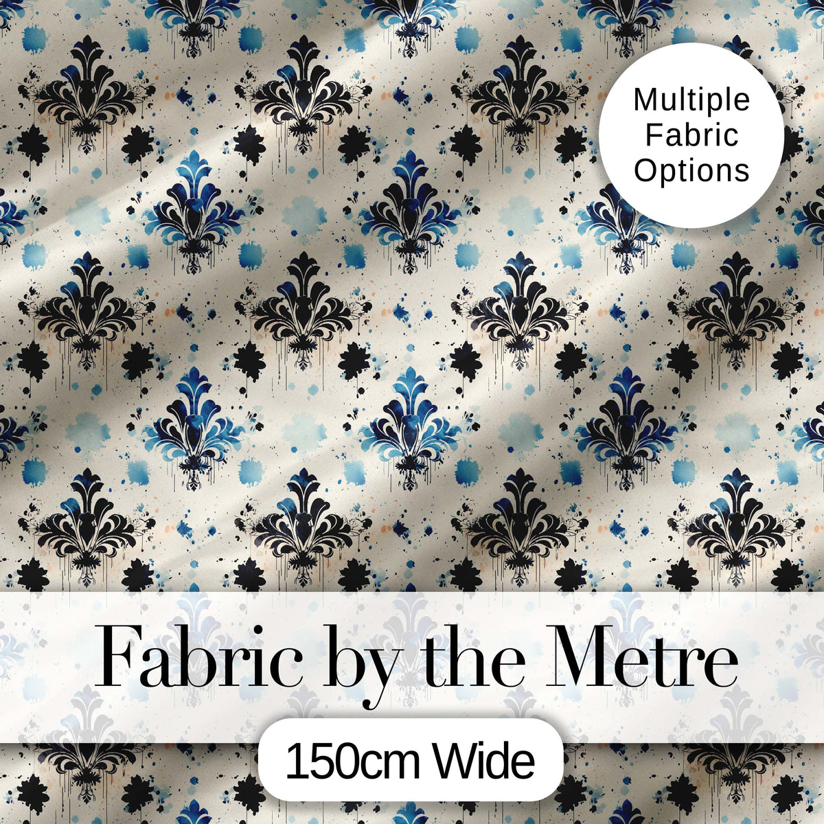 Blue Floral Damask Ink Splash Vintage Seamless Pattern Digital Print Fabric by the Metre UK Sewing Quilting Textile