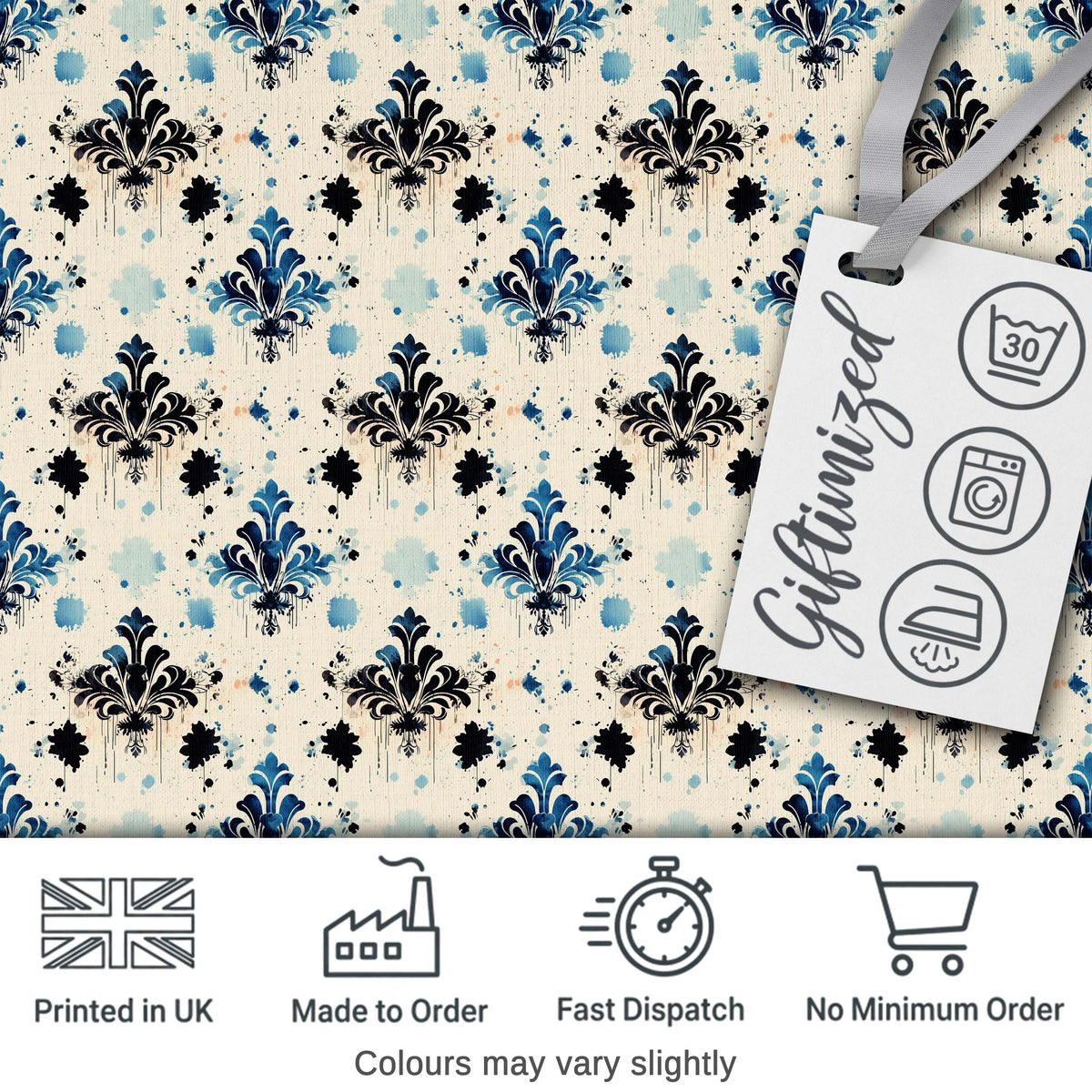 Blue Floral Damask Ink Splash Vintage Seamless Pattern Digital Print Fabric by the Metre UK Sewing Quilting Textile