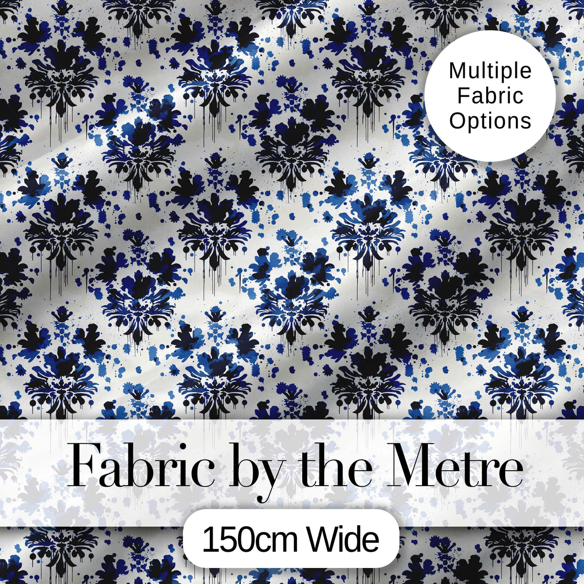 Navy Blue Floral Ink Blot Damask Seamless Pattern Digital Print Fabric by the Metre UK Sewing Quilting Textile