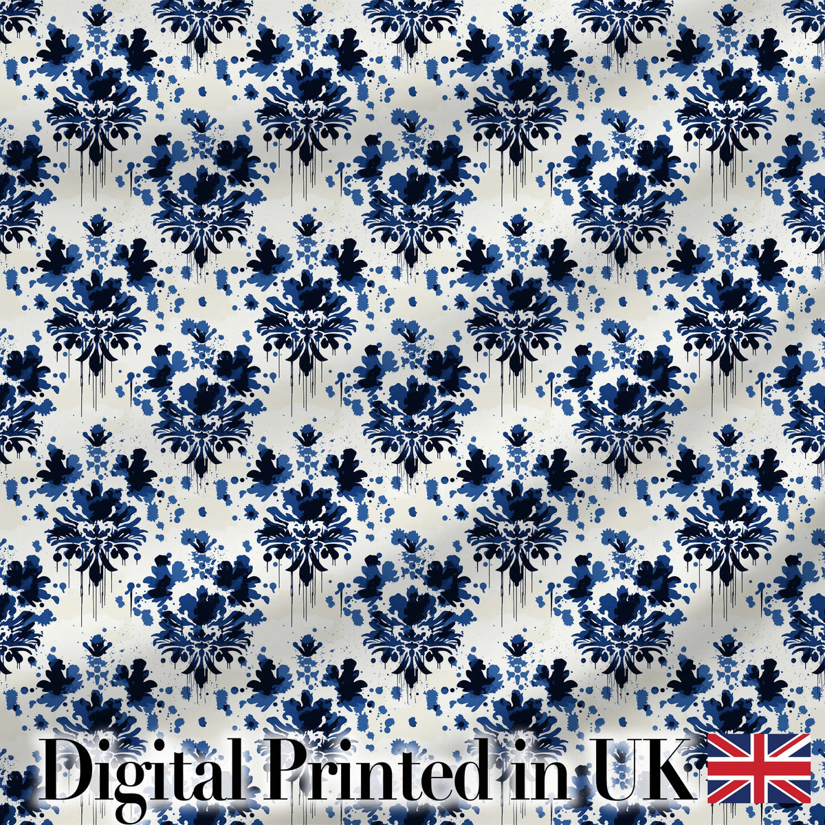 Navy Blue Floral Ink Blot Damask Seamless Pattern Digital Print Fabric by the Metre UK Sewing Quilting Textile