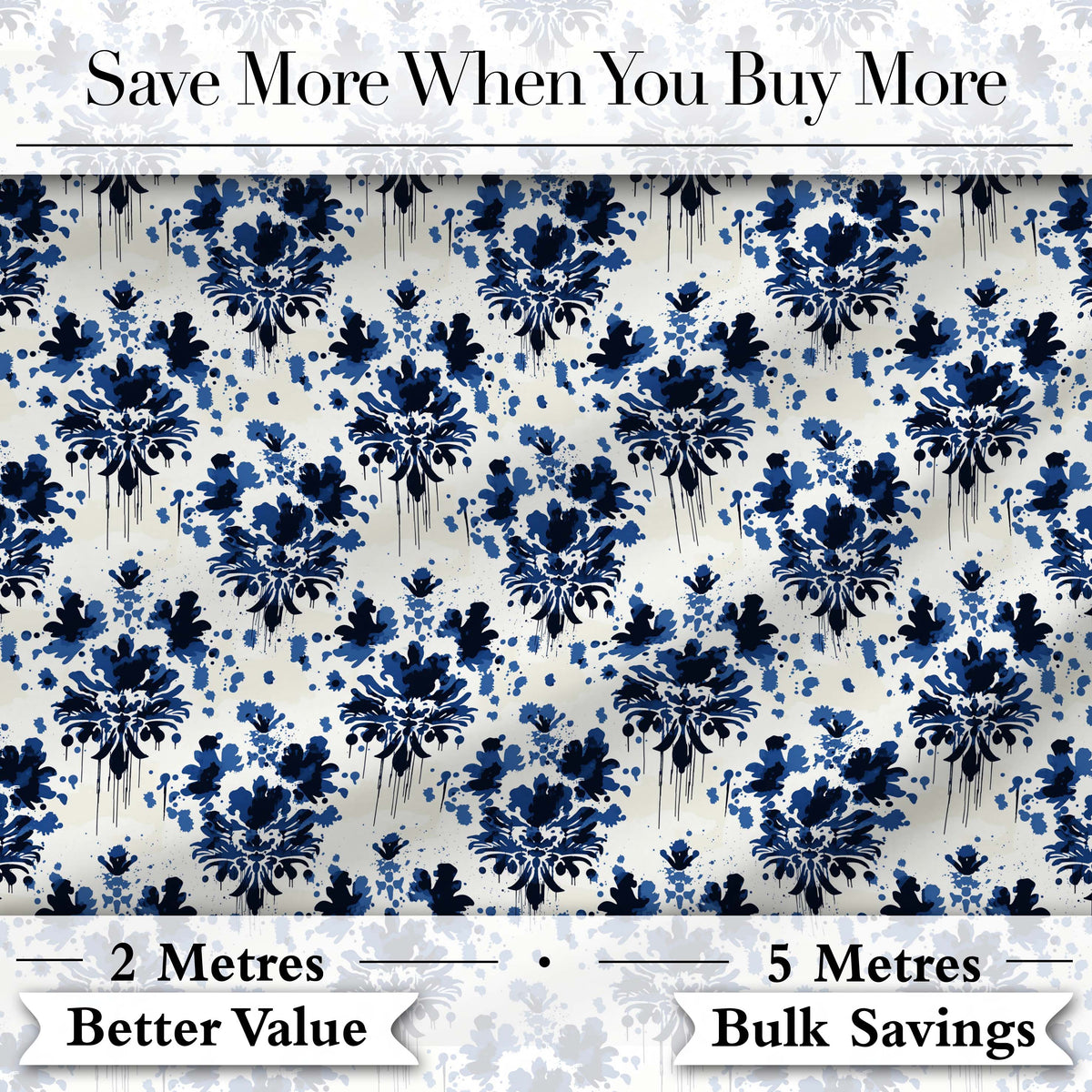 Navy Blue Floral Ink Blot Damask Seamless Pattern Digital Print Fabric by the Metre UK Sewing Quilting Textile