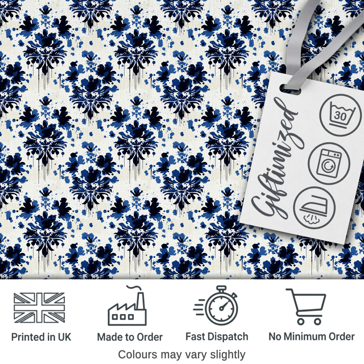 Navy Blue Floral Ink Blot Damask Seamless Pattern Digital Print Fabric by the Metre UK Sewing Quilting Textile