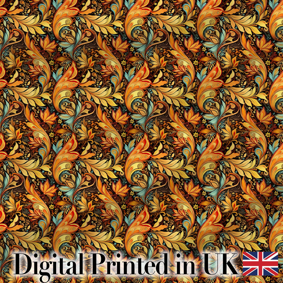 Golden Orange Ornamental Paisley Leaf Swirl Seamless Pattern Digital Print Fabric by the Metre UK Sewing Quilting Textile