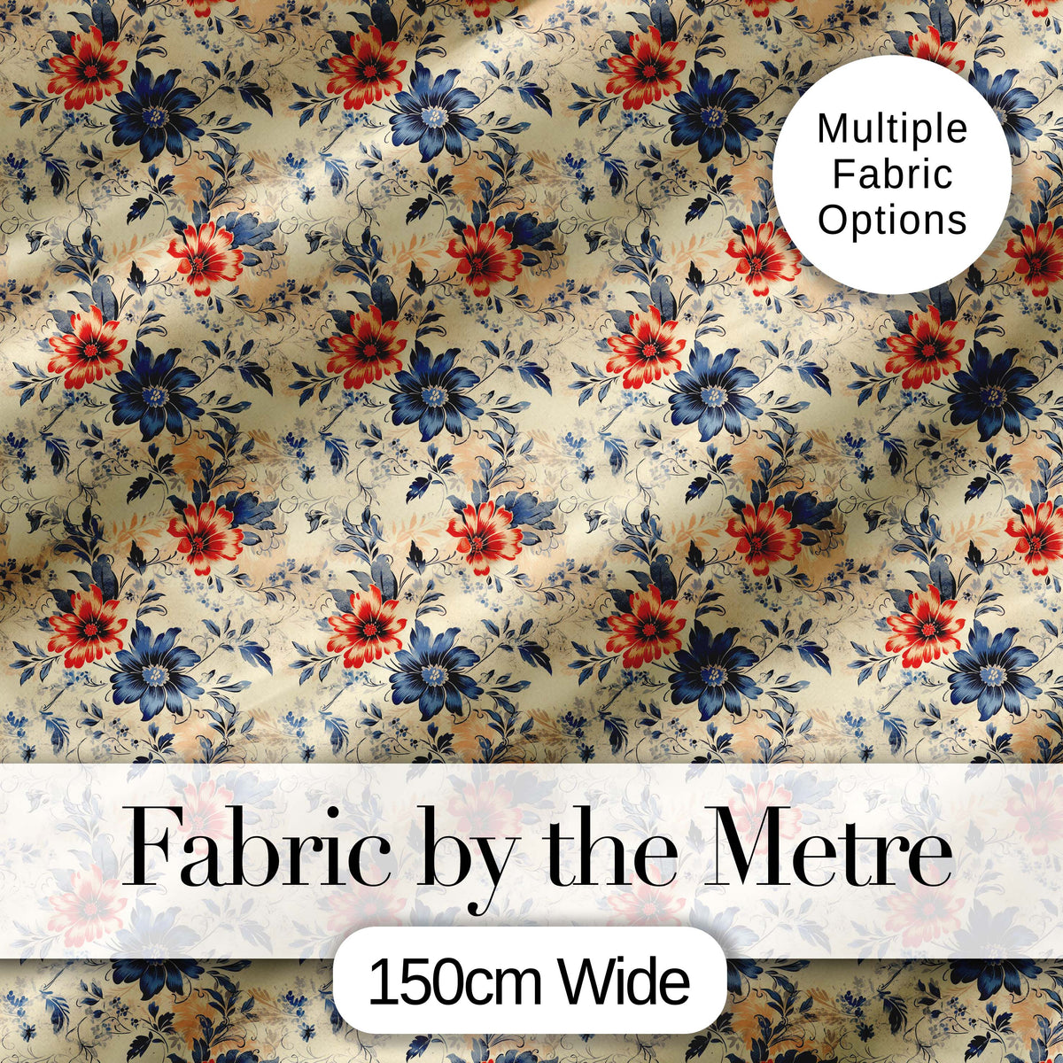 Blue Red Botanical Floral Vintage Seamless Pattern Digital Print Fabric by the Metre UK Sewing Quilting Textile