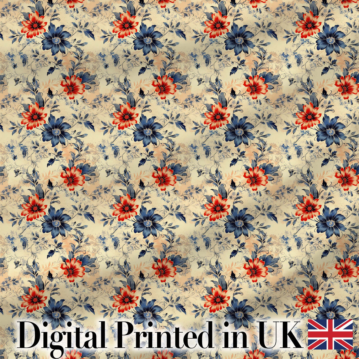 Blue Red Botanical Floral Vintage Seamless Pattern Digital Print Fabric by the Metre UK Sewing Quilting Textile