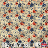 Blue Red Botanical Floral Vintage Seamless Pattern Digital Print Fabric by the Metre UK Sewing Quilting Textile