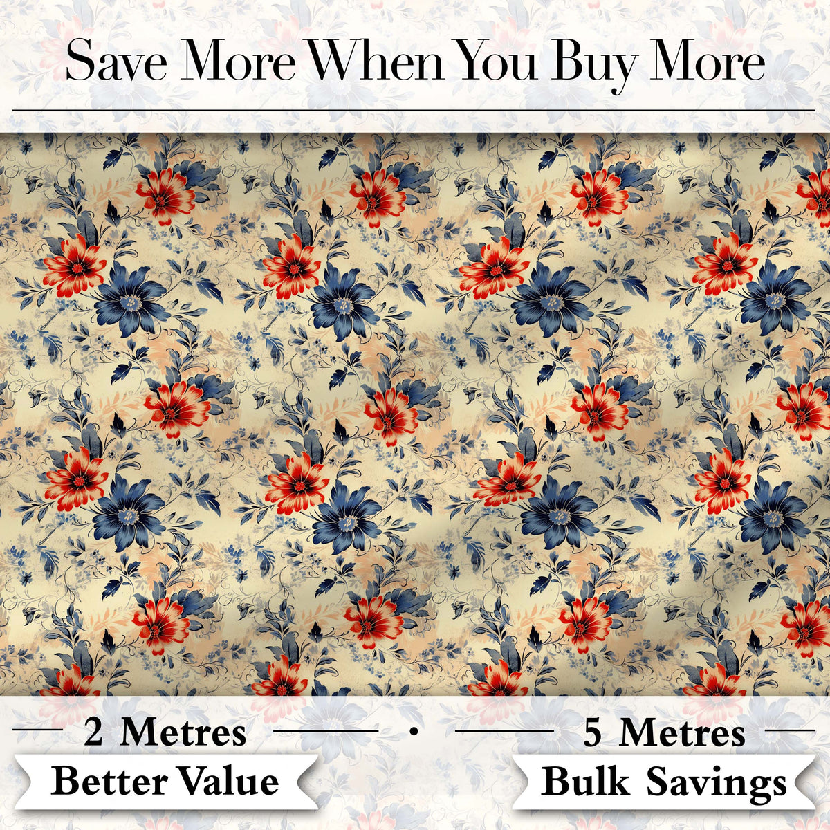 Blue Red Botanical Floral Vintage Seamless Pattern Digital Print Fabric by the Metre UK Sewing Quilting Textile