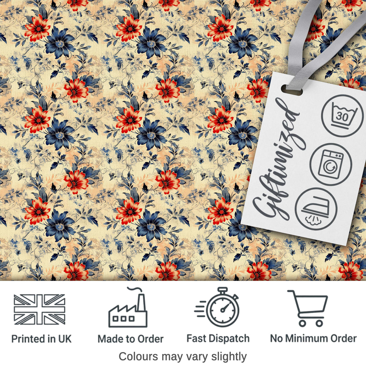 Blue Red Botanical Floral Vintage Seamless Pattern Digital Print Fabric by the Metre UK Sewing Quilting Textile