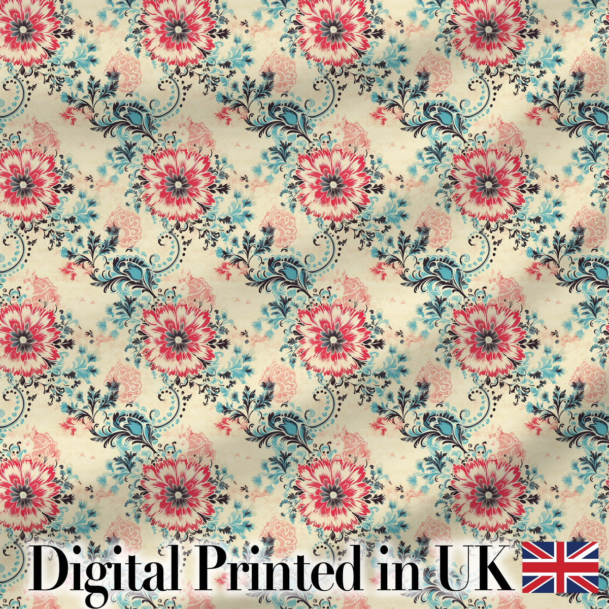 Elegant Pink Blue Floral Damask Vintage Seamless Pattern Digital Print Fabric by the Metre UK Sewing Quilting Textile