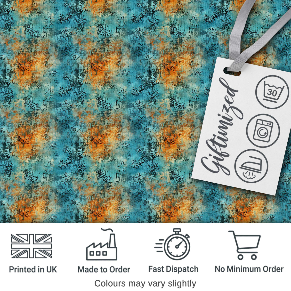 Teal Orange Grunge Floral Texture Seamless Pattern Digital Print Fabric by the Metre UK Sewing Quilting Textile