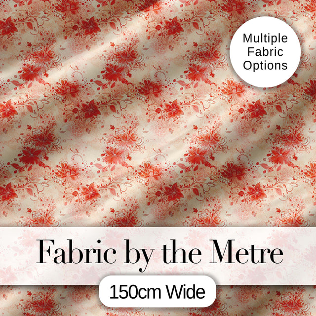Soft Red Floral Watercolour Blossom Seamless Pattern Digital Print Fabric by the Metre UK Sewing Quilting Textile