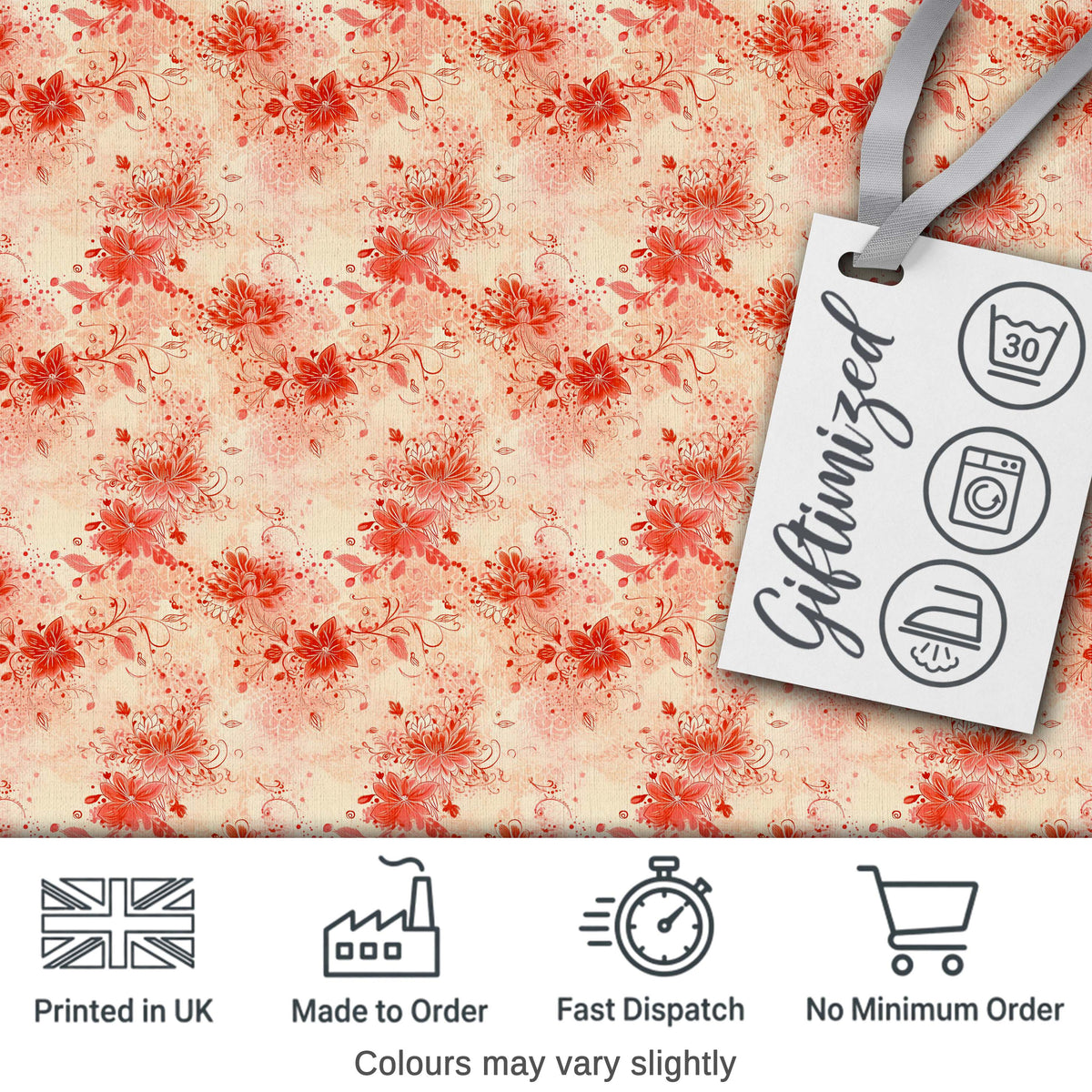 Soft Red Floral Watercolour Blossom Seamless Pattern Digital Print Fabric by the Metre UK Sewing Quilting Textile