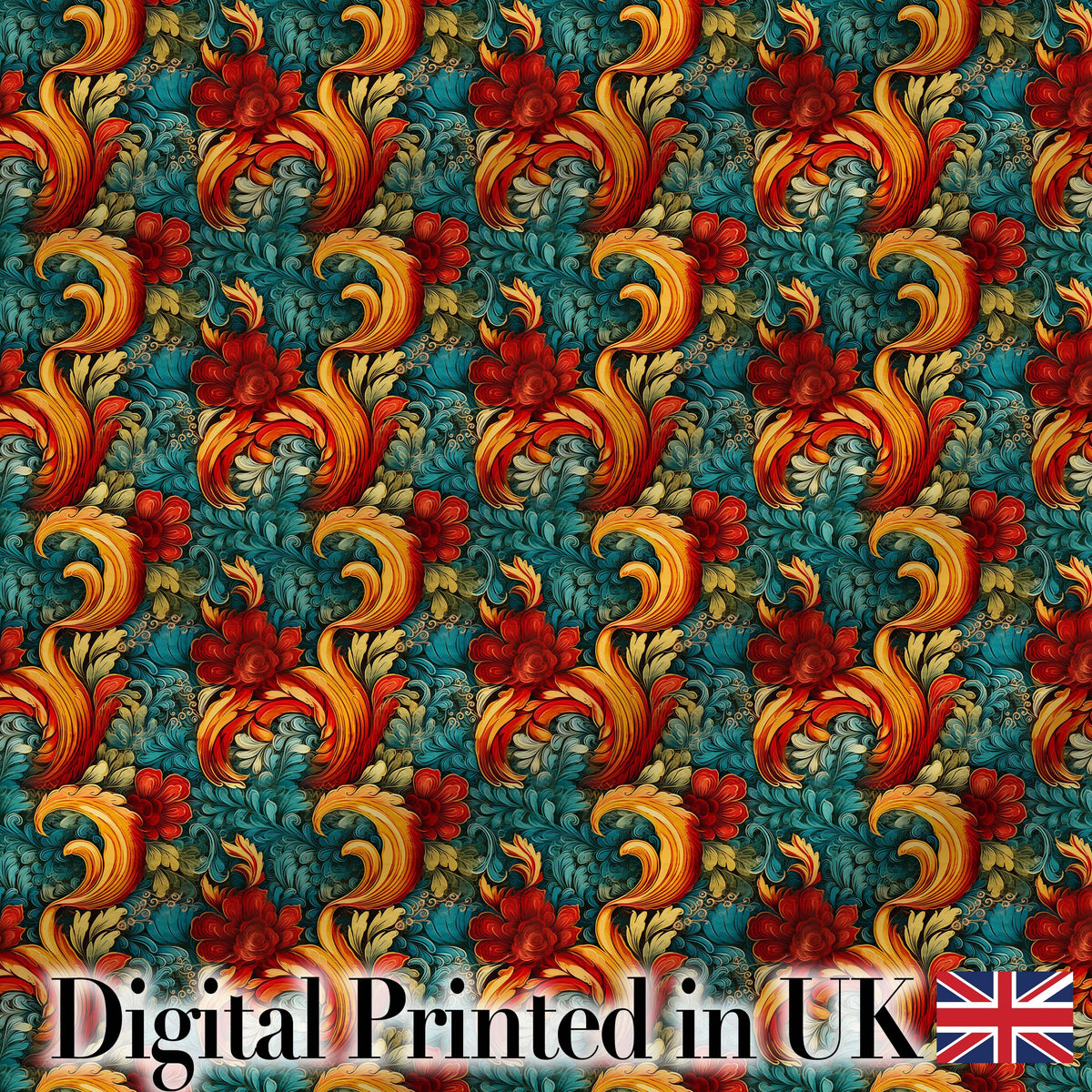 Teal Orange Baroque Floral Swirl Seamless Pattern Digital Print Fabric by the Metre UK Sewing Quilting Textile