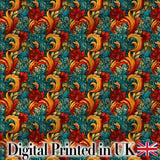 Teal Orange Baroque Floral Swirl Seamless Pattern Digital Print Fabric by the Metre UK Sewing Quilting Textile