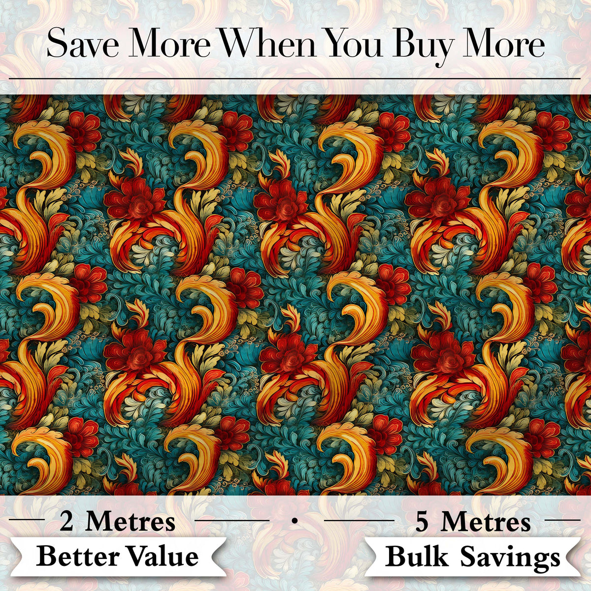 Teal Orange Baroque Floral Swirl Seamless Pattern Digital Print Fabric by the Metre UK Sewing Quilting Textile