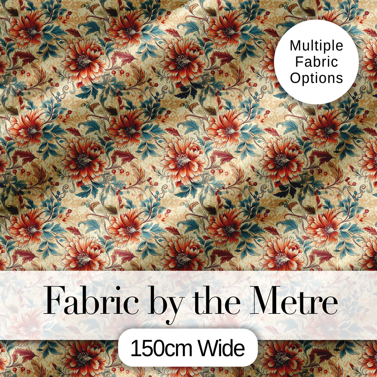 Vintage Orange Blue Botanical Floral Seamless Pattern Digital Print Fabric by the Metre UK Sewing Quilting Textile