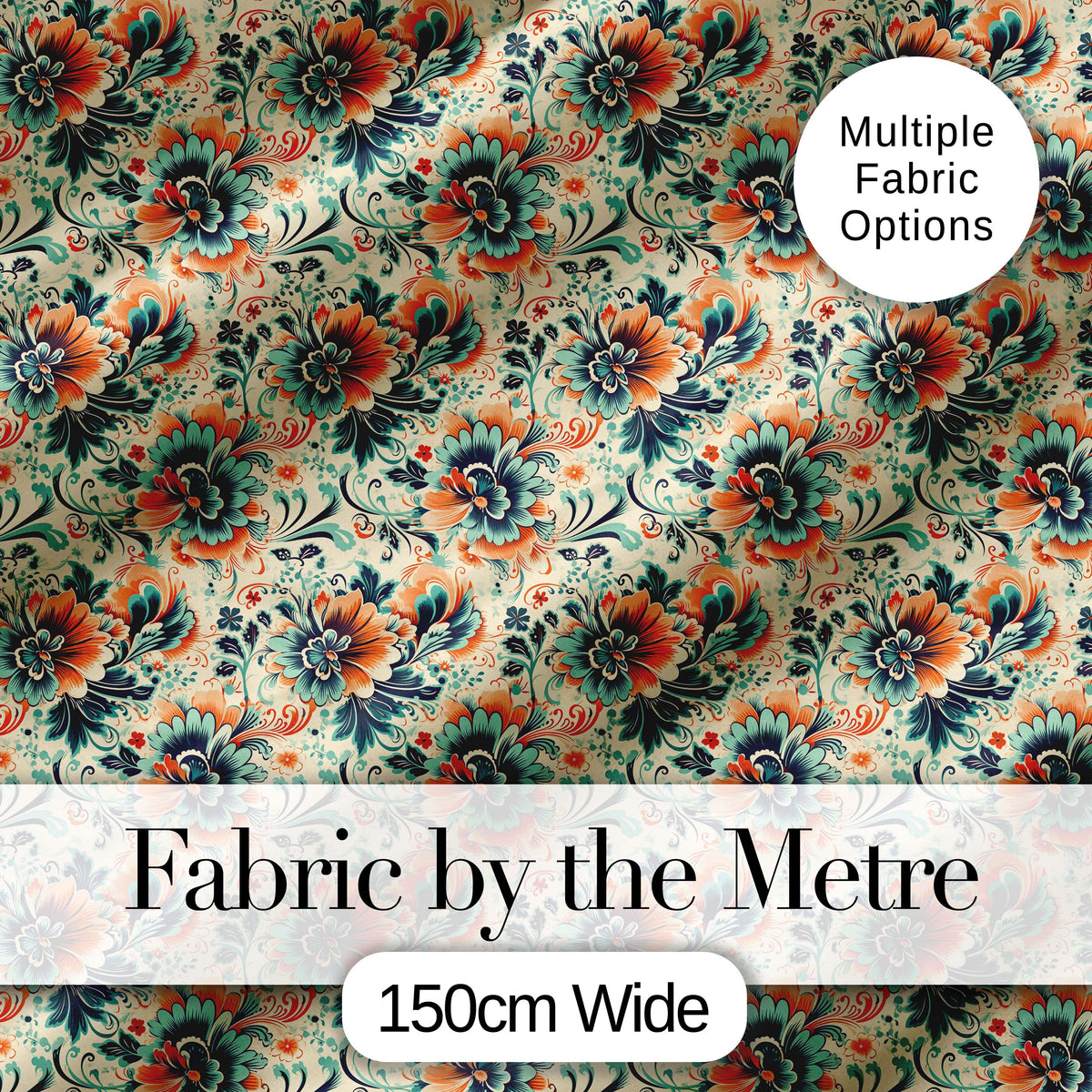 Teal Orange  Floral Garden Seamless Pattern Digital Print Fabric by the Metre UK Sewing Quilting Textile