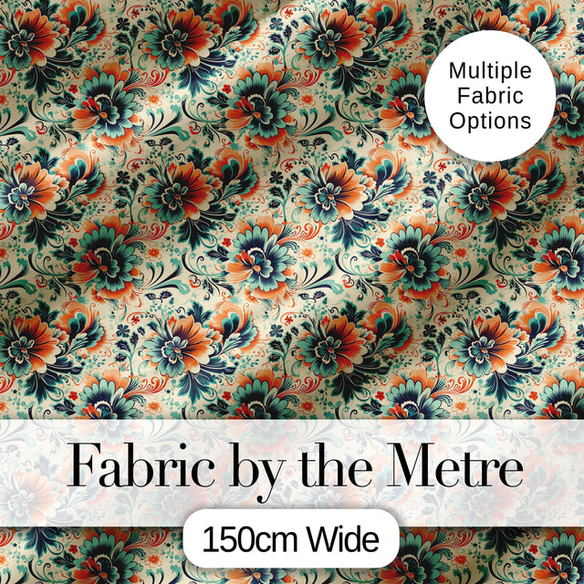 Teal Orange  Floral Garden Seamless Pattern Digital Print Fabric by the Metre UK Sewing Quilting Textile
