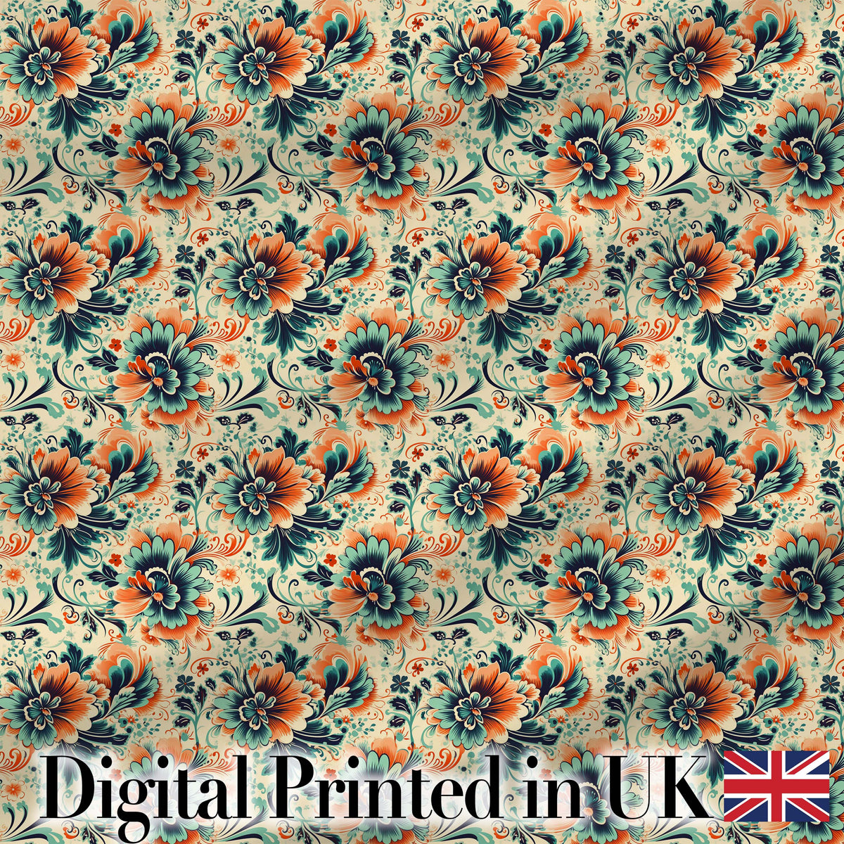 Teal Orange  Floral Garden Seamless Pattern Digital Print Fabric by the Metre UK Sewing Quilting Textile