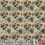 Teal Orange  Floral Garden Seamless Pattern Digital Print Fabric by the Metre UK Sewing Quilting Textile