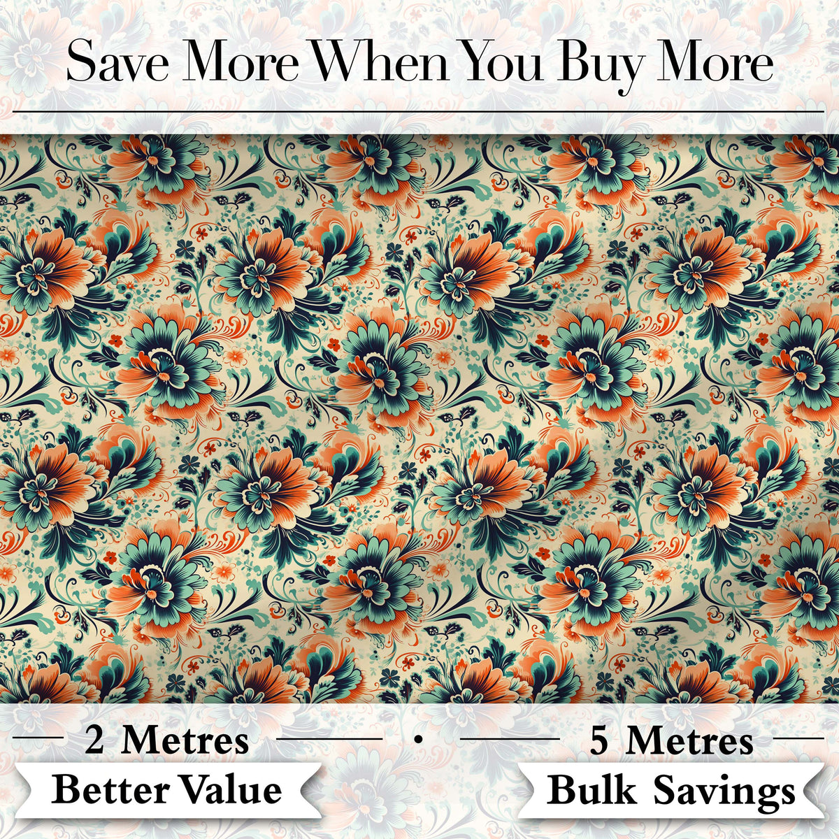 Teal Orange  Floral Garden Seamless Pattern Digital Print Fabric by the Metre UK Sewing Quilting Textile