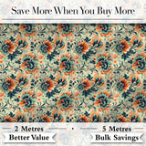 Teal Orange  Floral Garden Seamless Pattern Digital Print Fabric by the Metre UK Sewing Quilting Textile