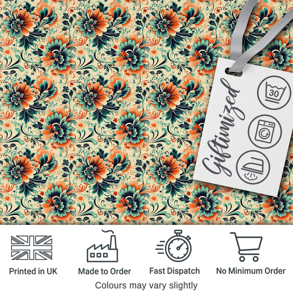 Teal Orange  Floral Garden Seamless Pattern Digital Print Fabric by the Metre UK Sewing Quilting Textile