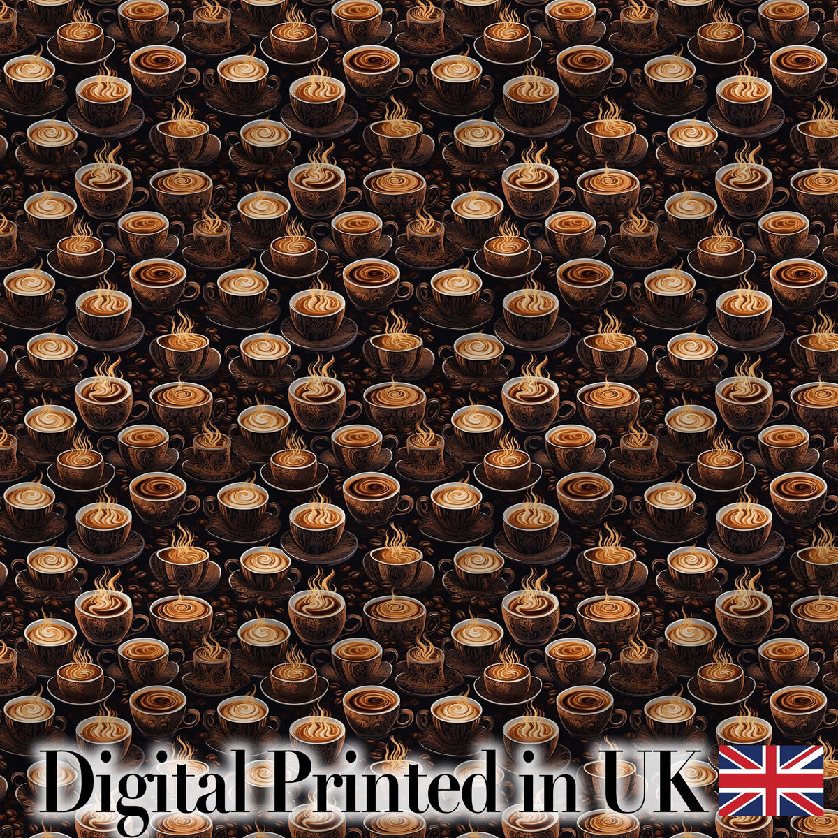 Coffee Cups Dark Roast Cafe Theme Seamless Pattern Digital Print Fabric by the Metre UK Sewing Quilting Textile