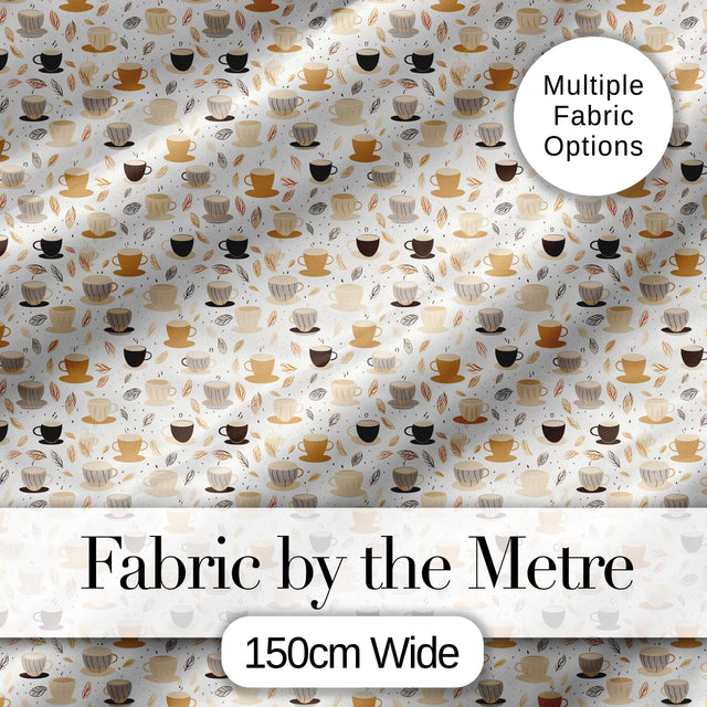 Minimal Coffee Cups and Leaves Neutral Tone Seamless Pattern Digital Print Fabric by the Metre UK Sewing Quilting Textile