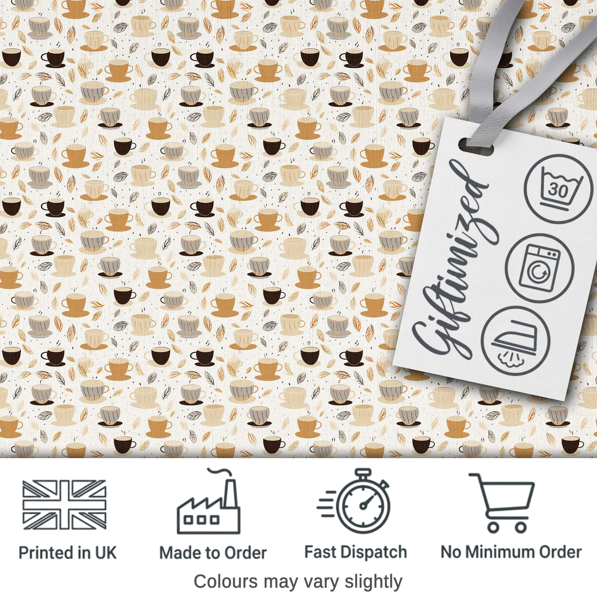 Minimal Coffee Cups and Leaves Neutral Tone Seamless Pattern Digital Print Fabric by the Metre UK Sewing Quilting Textile