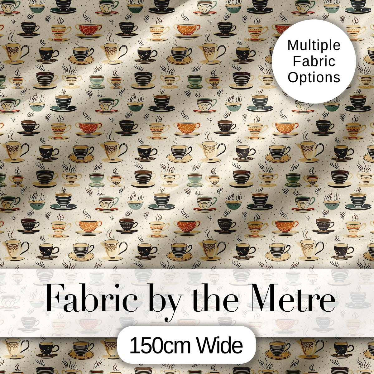 Classic Coffee Cups and Steam Warm Tones Seamless Pattern Digital Print Fabric by the Metre UK Sewing Quilting Textile