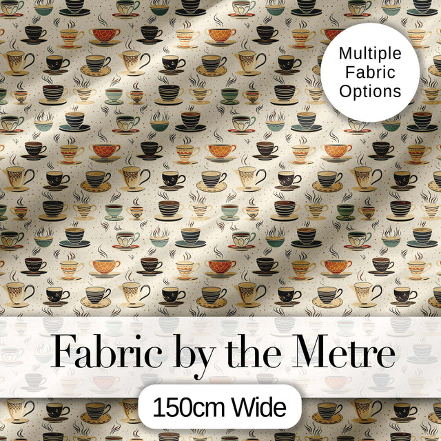 Classic Coffee Cups and Steam Warm Tones Seamless Pattern Digital Print Fabric by the Metre UK Sewing Quilting Textile