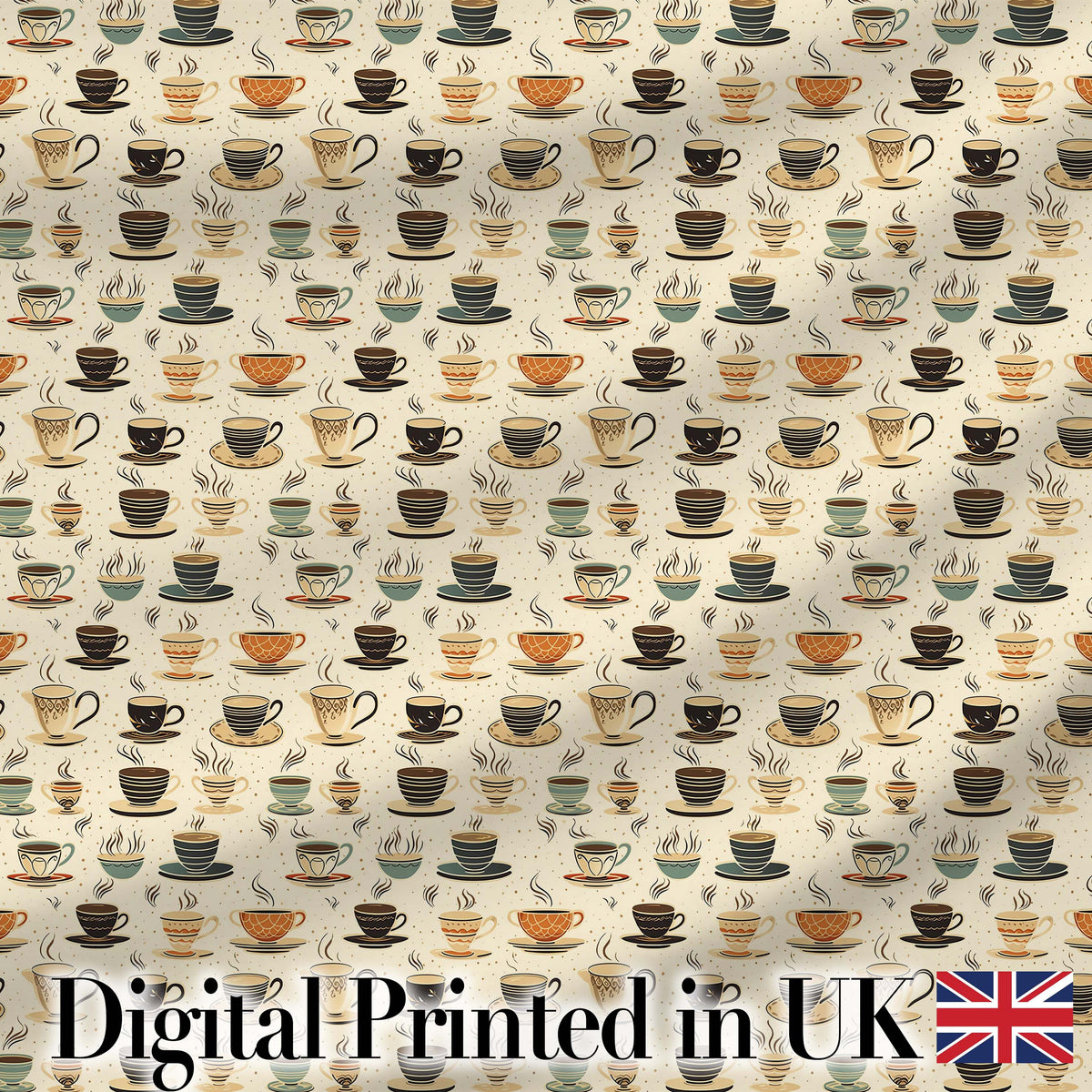 Classic Coffee Cups and Steam Warm Tones Seamless Pattern Digital Print Fabric by the Metre UK Sewing Quilting Textile