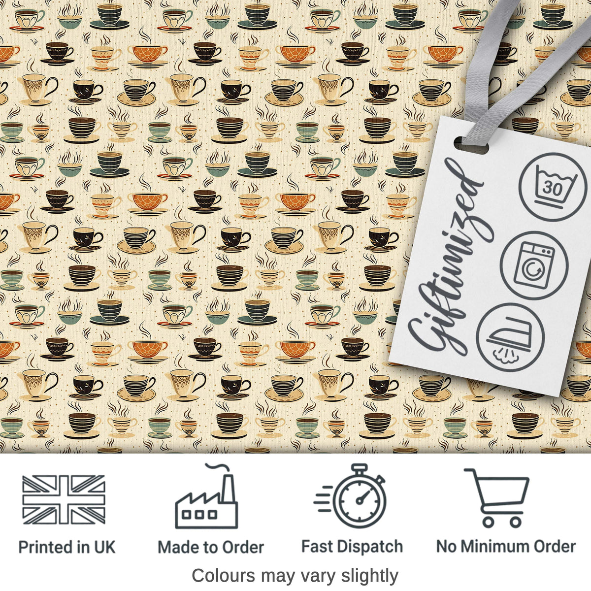 Classic Coffee Cups and Steam Warm Tones Seamless Pattern Digital Print Fabric by the Metre UK Sewing Quilting Textile