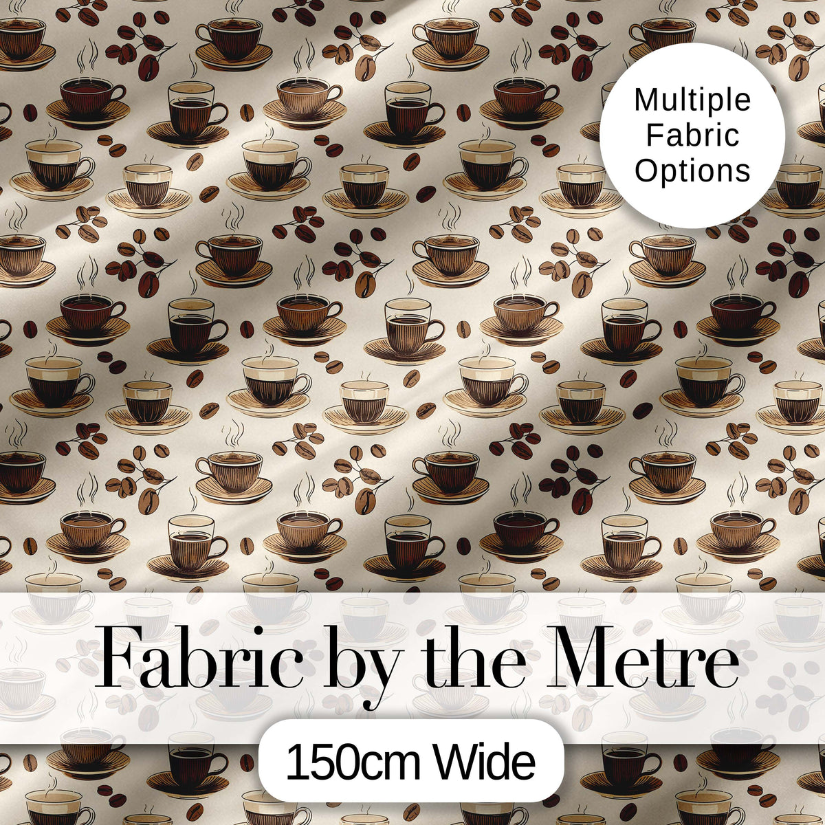 Coffee Cups and Beans Neutral Cafe Theme Seamless Pattern Digital Print Fabric by the Metre UK Sewing Quilting Textile