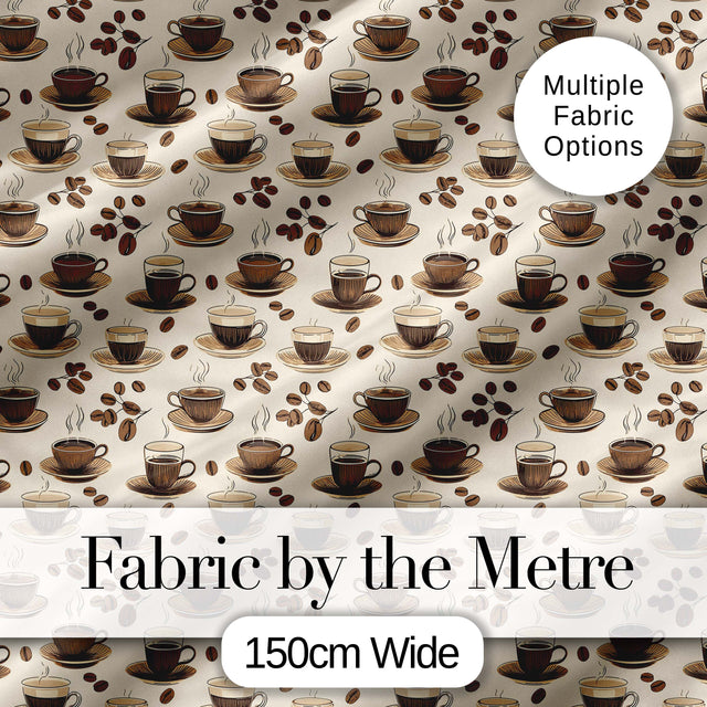 Coffee Cups and Beans Neutral Cafe Theme Seamless Pattern Digital Print Fabric by the Metre UK Sewing Quilting Textile
