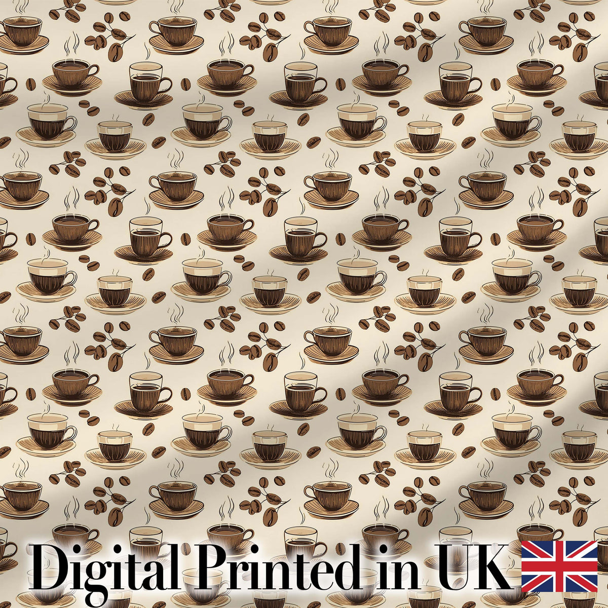 Coffee Cups and Beans Neutral Cafe Theme Seamless Pattern Digital Print Fabric by the Metre UK Sewing Quilting Textile