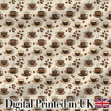 Coffee Cups and Beans Neutral Cafe Theme Seamless Pattern Digital Print Fabric by the Metre UK Sewing Quilting Textile