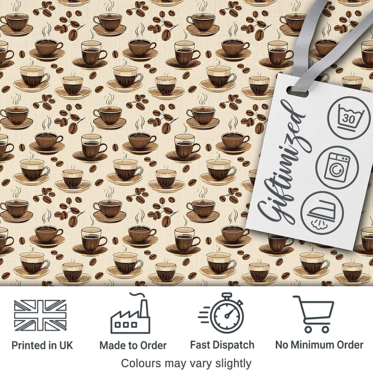 Coffee Cups and Beans Neutral Cafe Theme Seamless Pattern Digital Print Fabric by the Metre UK Sewing Quilting Textile
