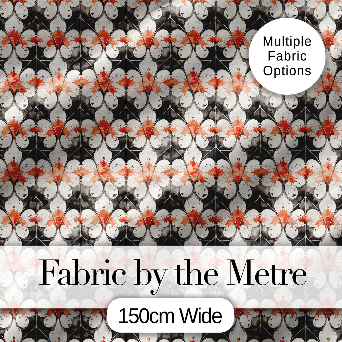 Ornate Floral Tile Pattern with Red Accents Seamless Pattern Digital Print Fabric by the Metre UK Sewing Quilting Textile