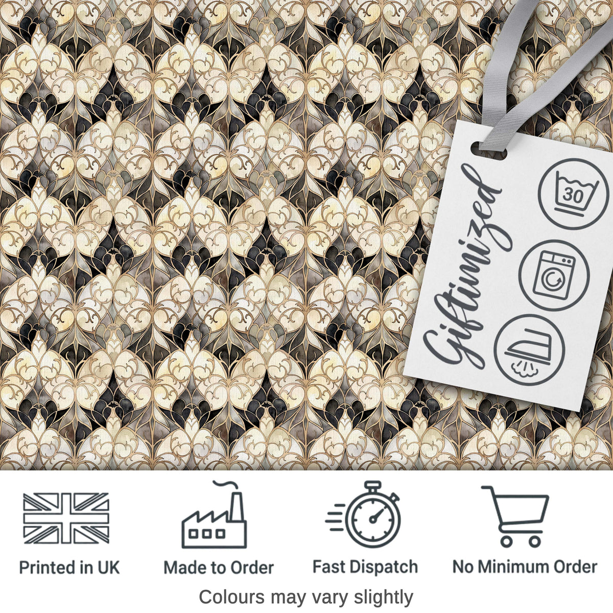 Elegant Vintage Damask Floral Beige and Charcoal Seamless Pattern Digital Print Fabric by the Metre UK Sewing Quilting Textile