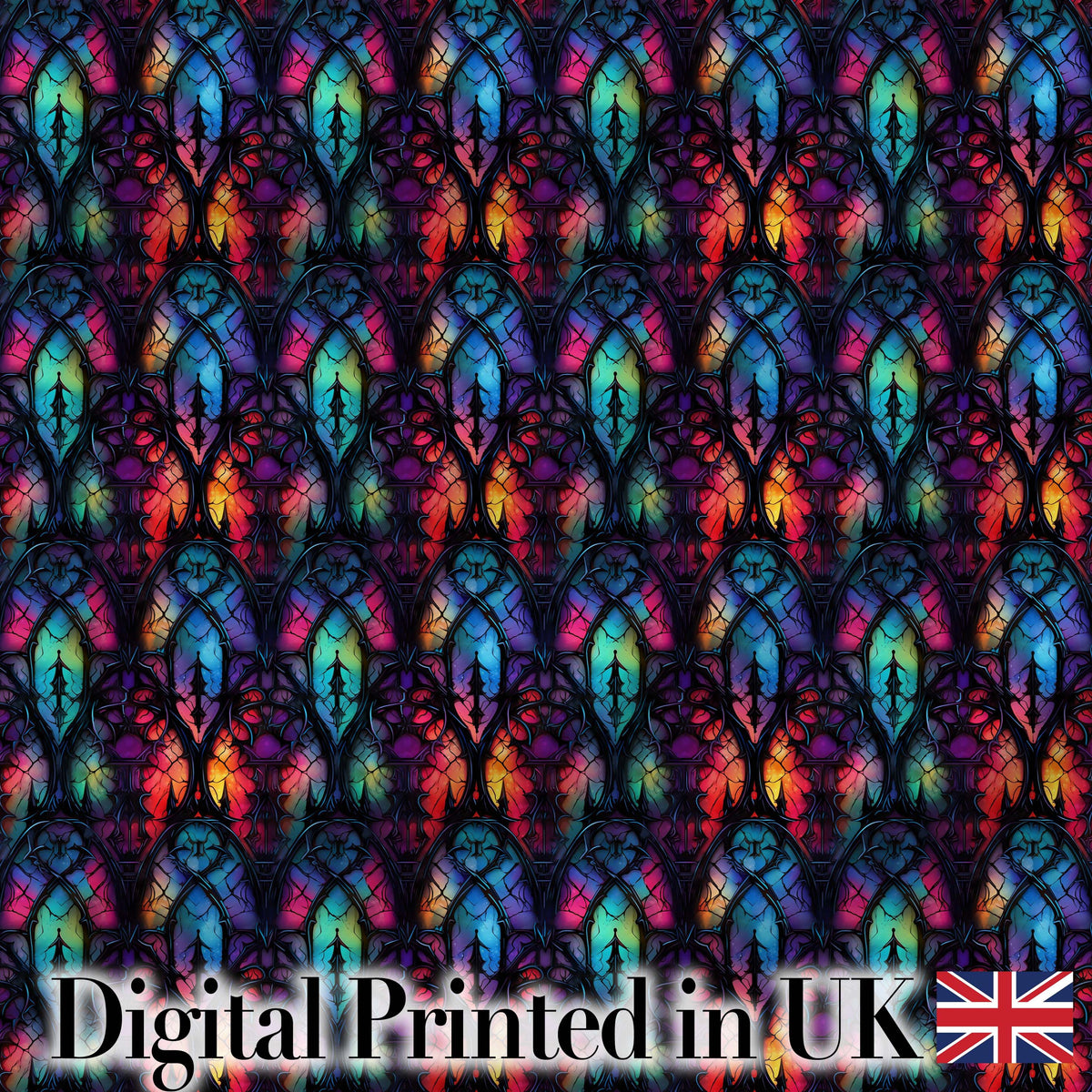 Vibrant Stained Glass Gothic Arch Multicolour Seamless Pattern Digital Print Fabric by the Metre UK Sewing Quilting Textile