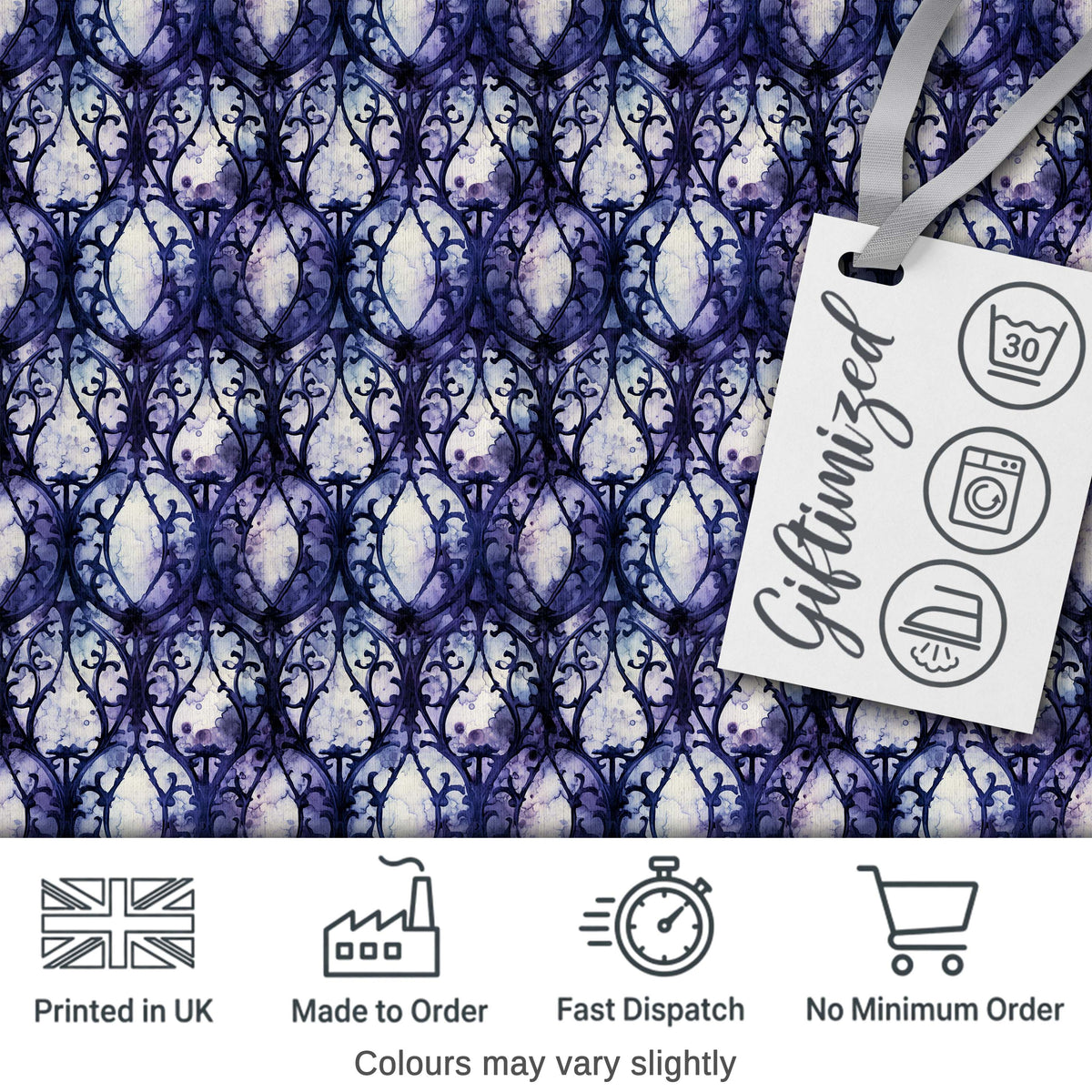 Watercolor Gothic Lattice Indigo Blue Seamless Pattern Digital Print Fabric by the Metre UK Sewing Quilting Textile