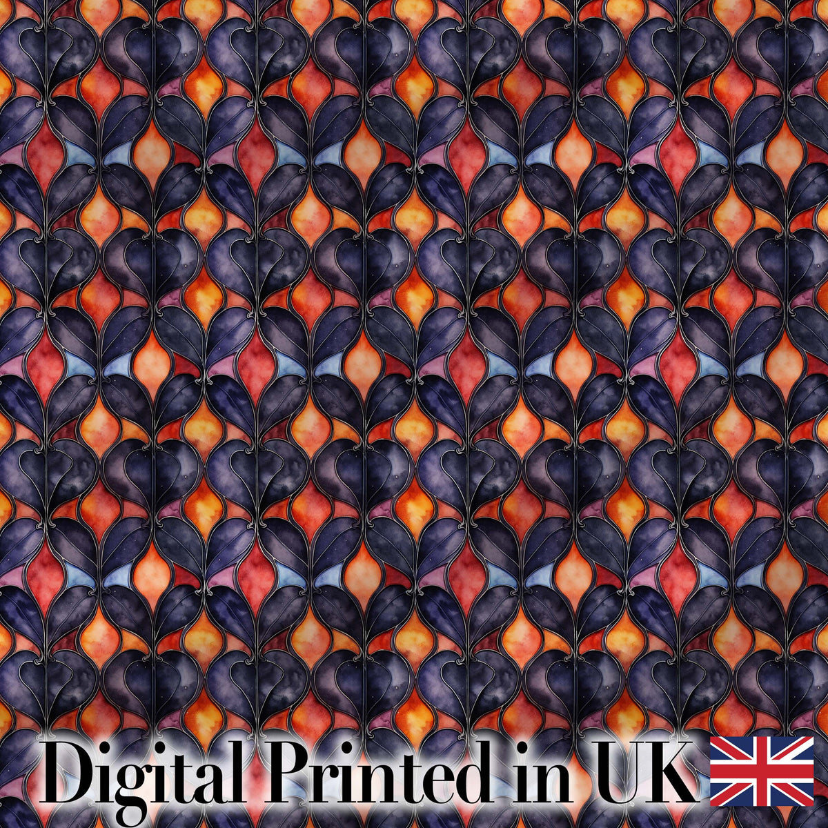Warm Abstract Floral Tile Pattern in Orange and Navy Seamless Pattern Digital Print Fabric by the Metre UK Sewing Quilting Textile