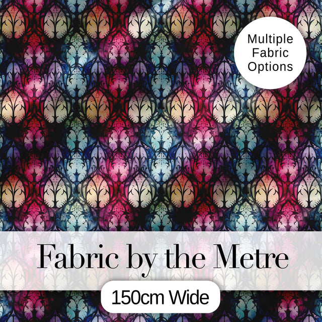 Vibrant Art Nouveau Floral Stained Glass Pink Blue Seamless Pattern Digital Print Fabric by the Metre UK Sewing Quilting Textile