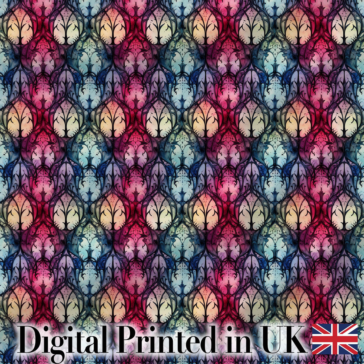 Vibrant Art Nouveau Floral Stained Glass Pink Blue Seamless Pattern Digital Print Fabric by the Metre UK Sewing Quilting Textile